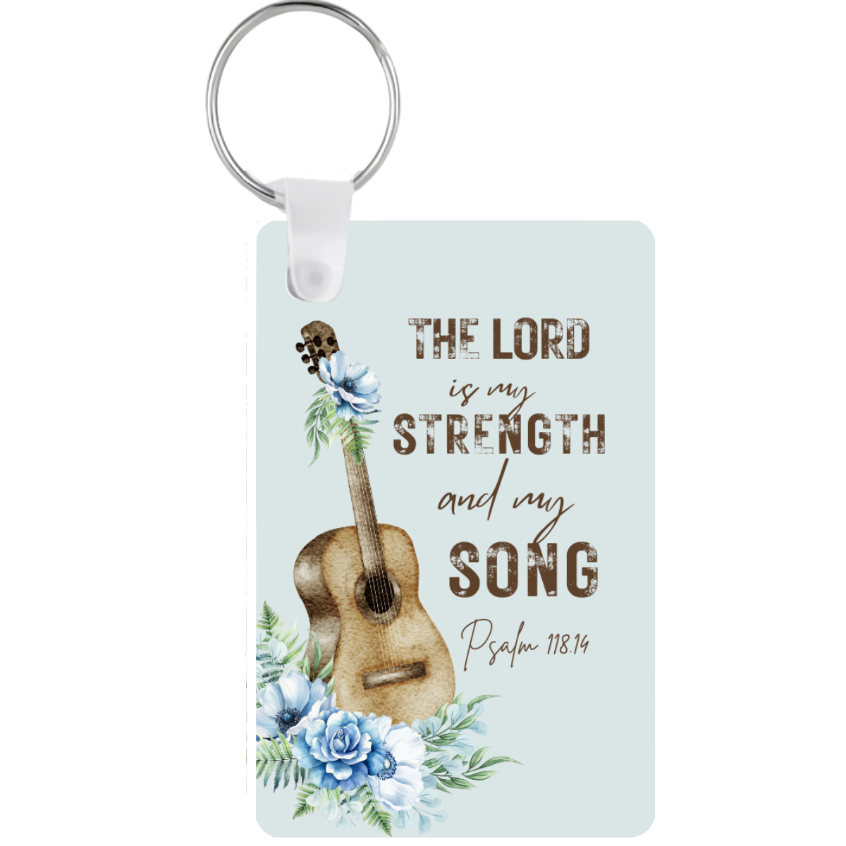Keychain with guitar design, flowers, and 'The Lord is my strength and my song' text on a light blue background.
