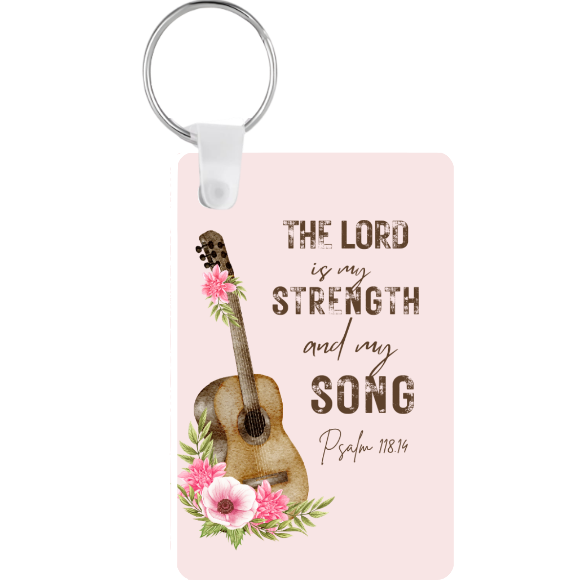 Keychain with guitar design, flowers, and 'The Lord is my strength and my song' text on a pink background
