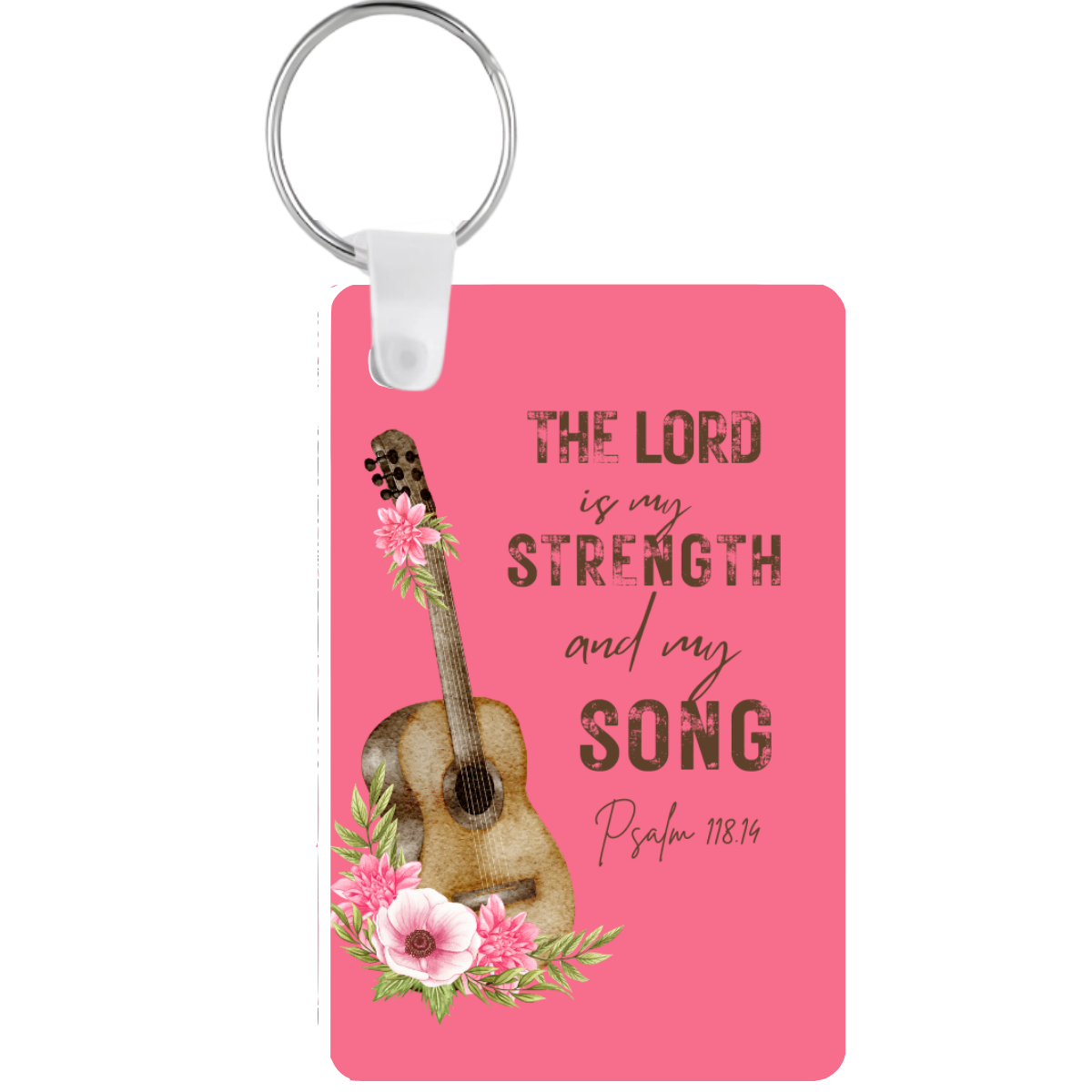 Keychain with guitar design, flowers, and 'The Lord is my strength and my song' text on a pink background