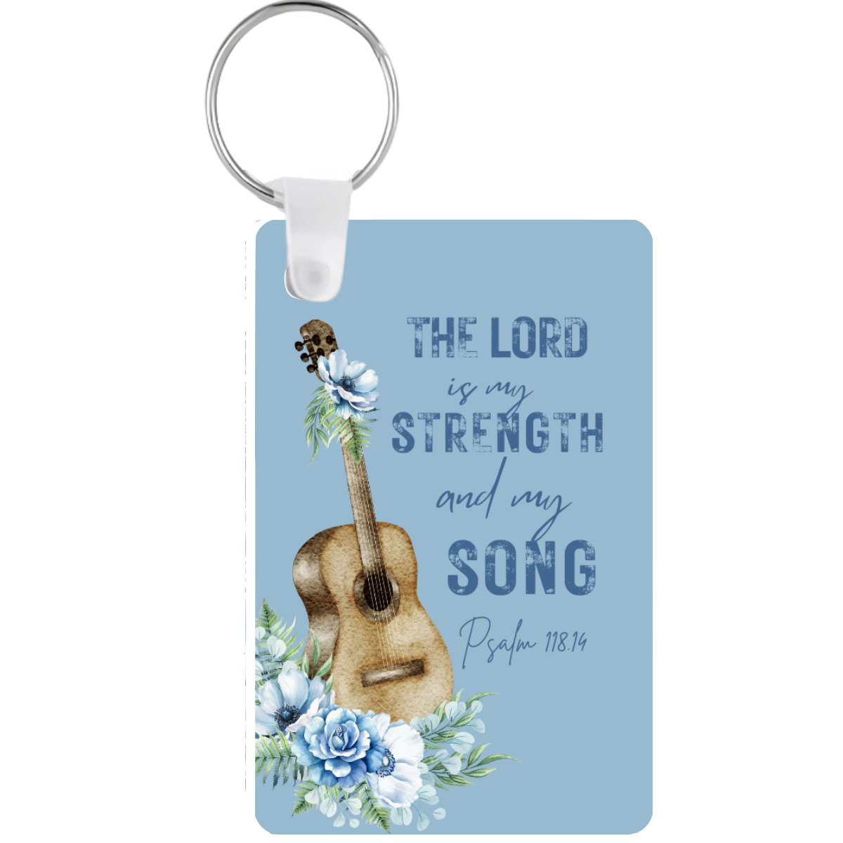 Keychain with acoustic guitar design, flowers, and 'The Lord is my strength and my song' text on a blue background.