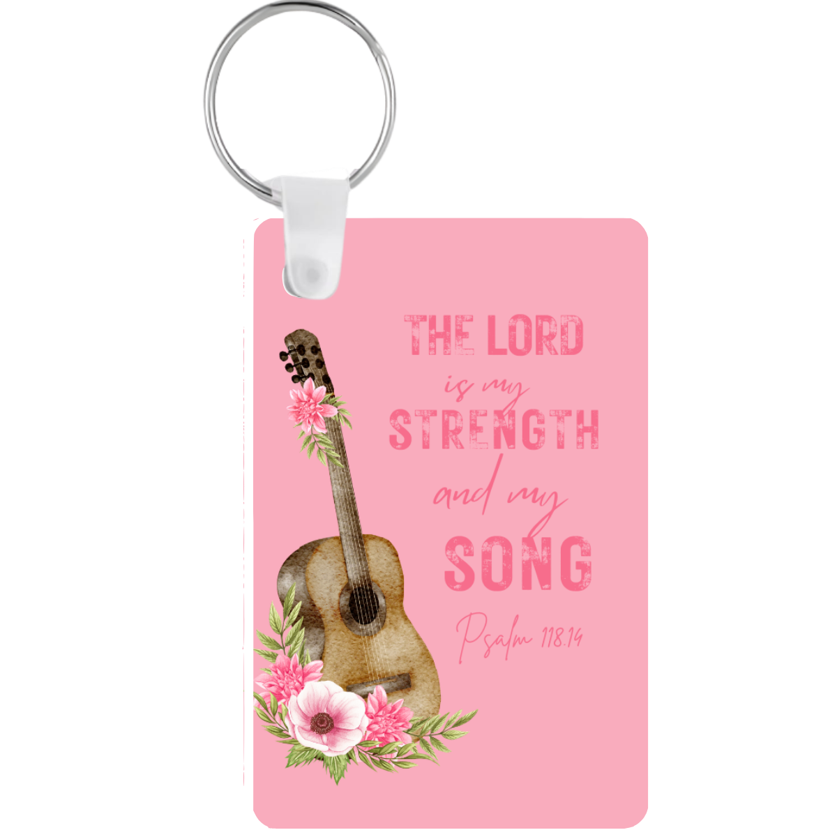 Keychain with guitar design, flowers, and 'The Lord is my strength and my song' text on a pink background