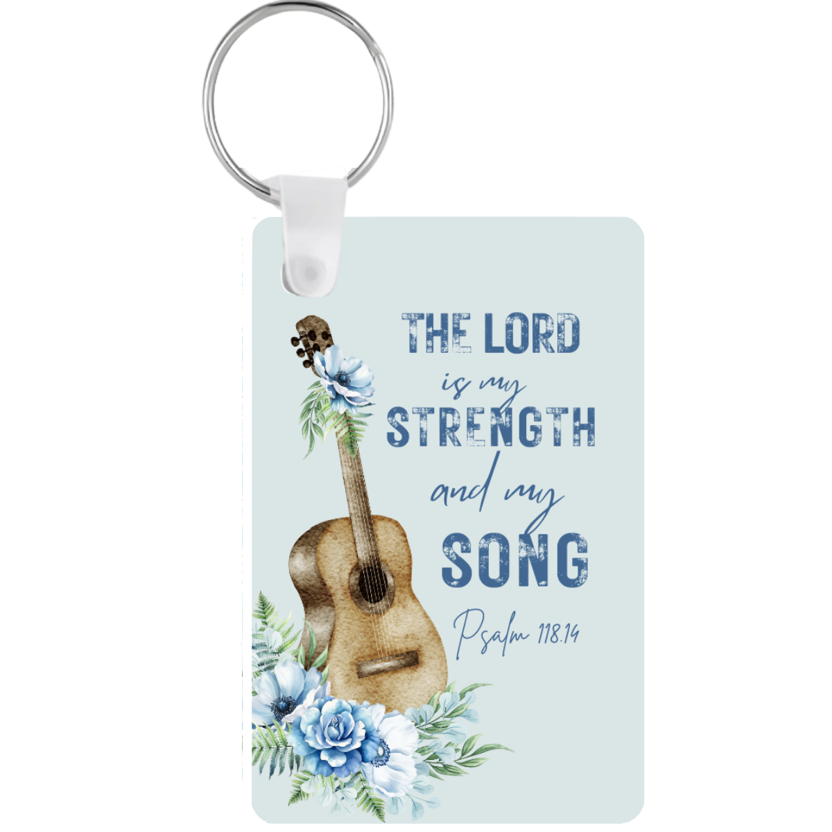 Keychain with guitar design, flowers, and 'The Lord is my strength and my song' text on a light blue background.