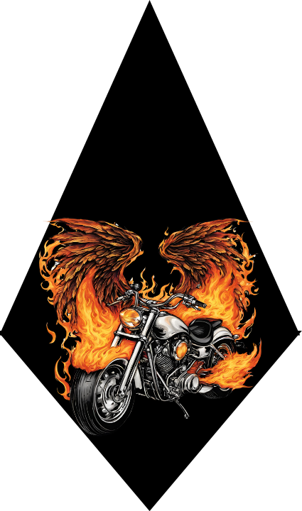 Motorcycle with flaming wings on a black background
