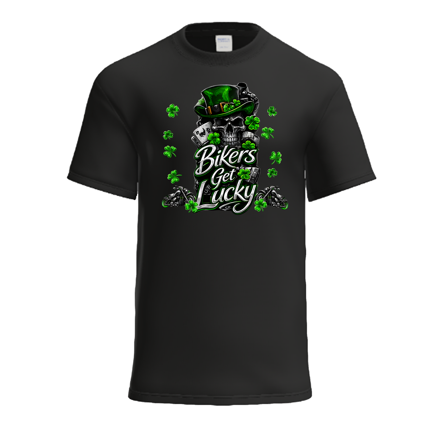 Bikers Get Lucky | Chrome Neon Shamrock Biker St. Patrick's Day Shirt