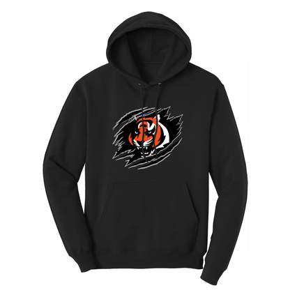 Black hoodie with a black, orange, and white tiger scratch graphic design outlined in gray on a white background.