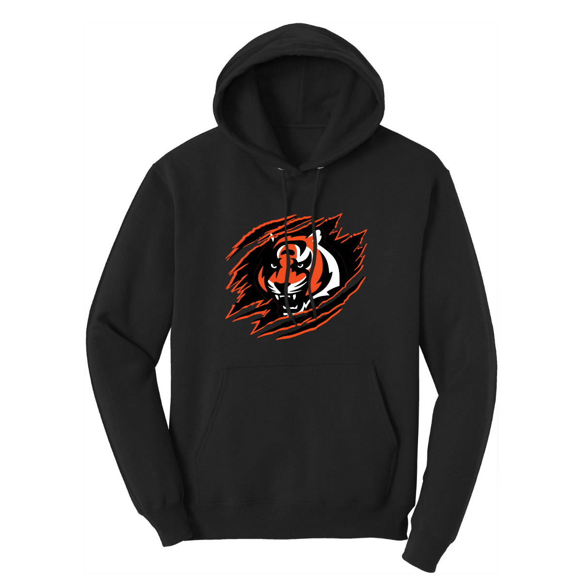 Black hoodie with a black, orange, and white tiger scratch graphic design outlined in orange on a white background.