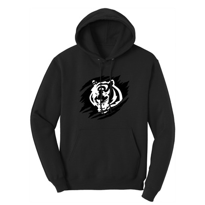 Black hoodie with a white tiger scratch graphic design outlined in black on a white background