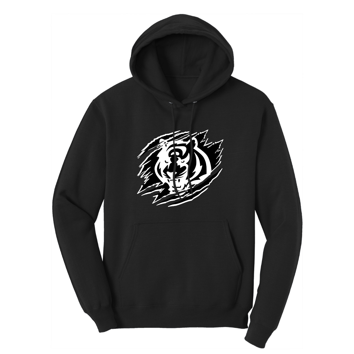 Black hoodie with a white tiger scratch graphic design on a white background.