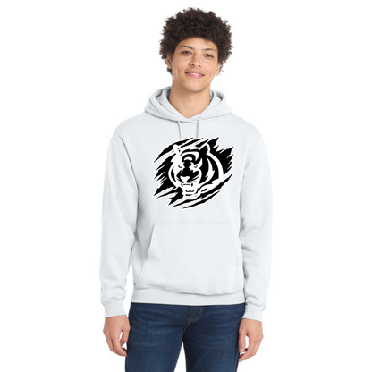 Person wearing a white hoodie with a black tiger design on a white background