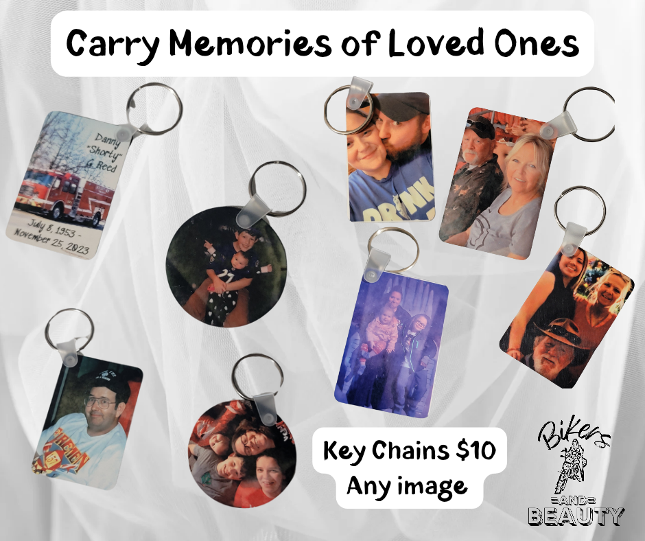 Keychains with photos of people and text 'Carry Memories of Loved Ones' on a white background.