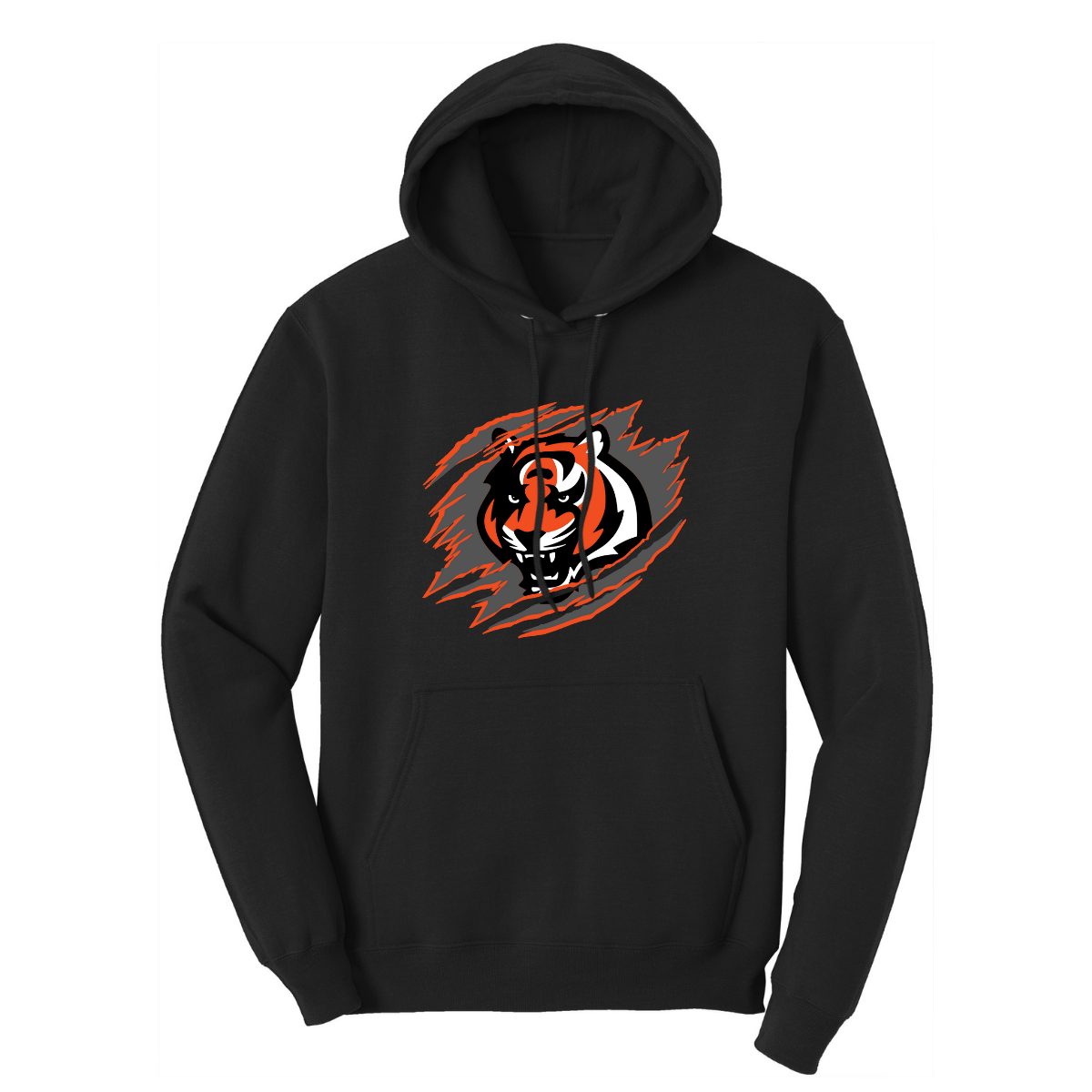 Black hoodie with a tiger scratch graphic design outlined in orange on a white background