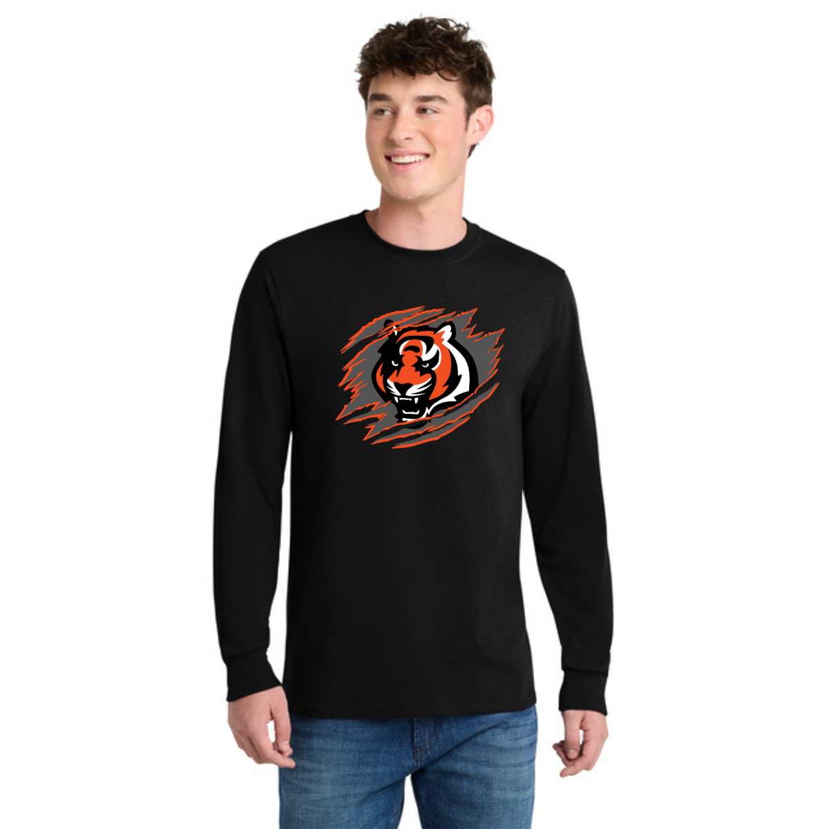 Person wearing a black long-sleeve shirt with a tiger logo on a orange outlined dark gray background