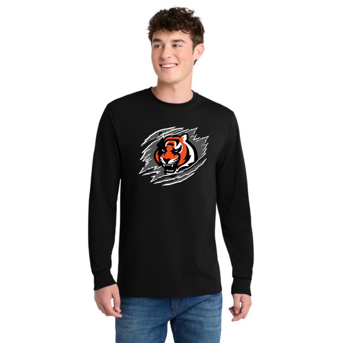 Person wearing a black long-sleeve shirt with a tiger logo on a white outlined dark gray background