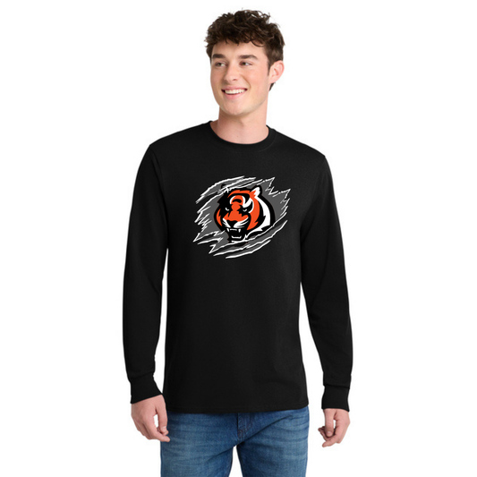 Person wearing a black long-sleeve shirt with a tiger logo on a white outlined dark gray background