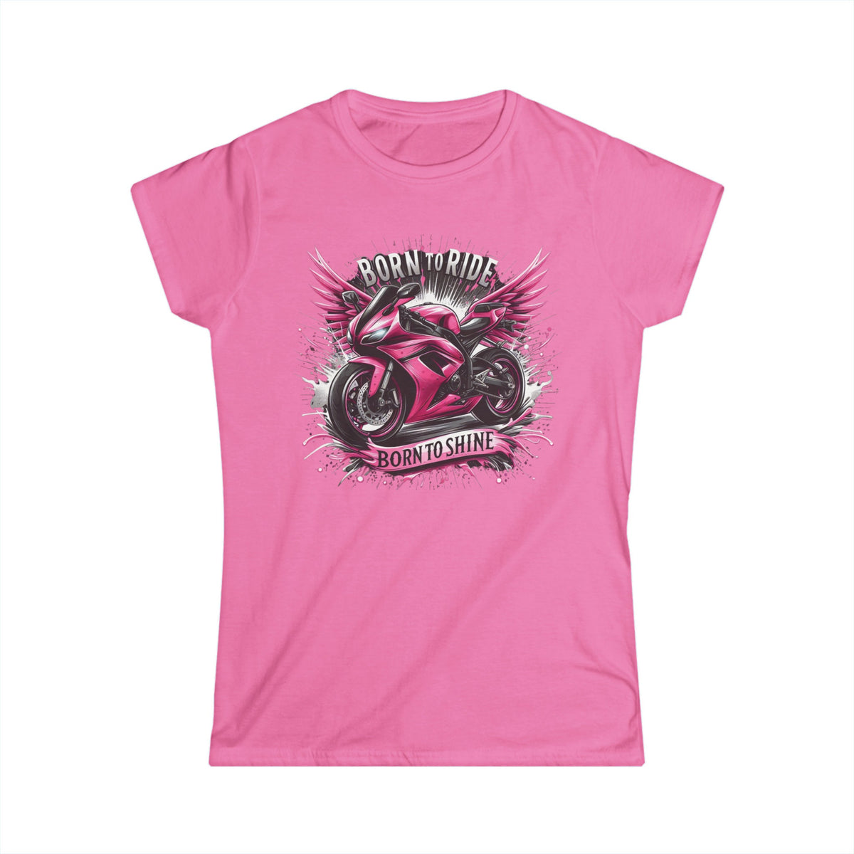 A pink t-shirt with a motorcycle that has a pink paint job. The motorcycle is coming out of a splash of silver and black background. Includes the text "Born to Ride, Born to Shine"