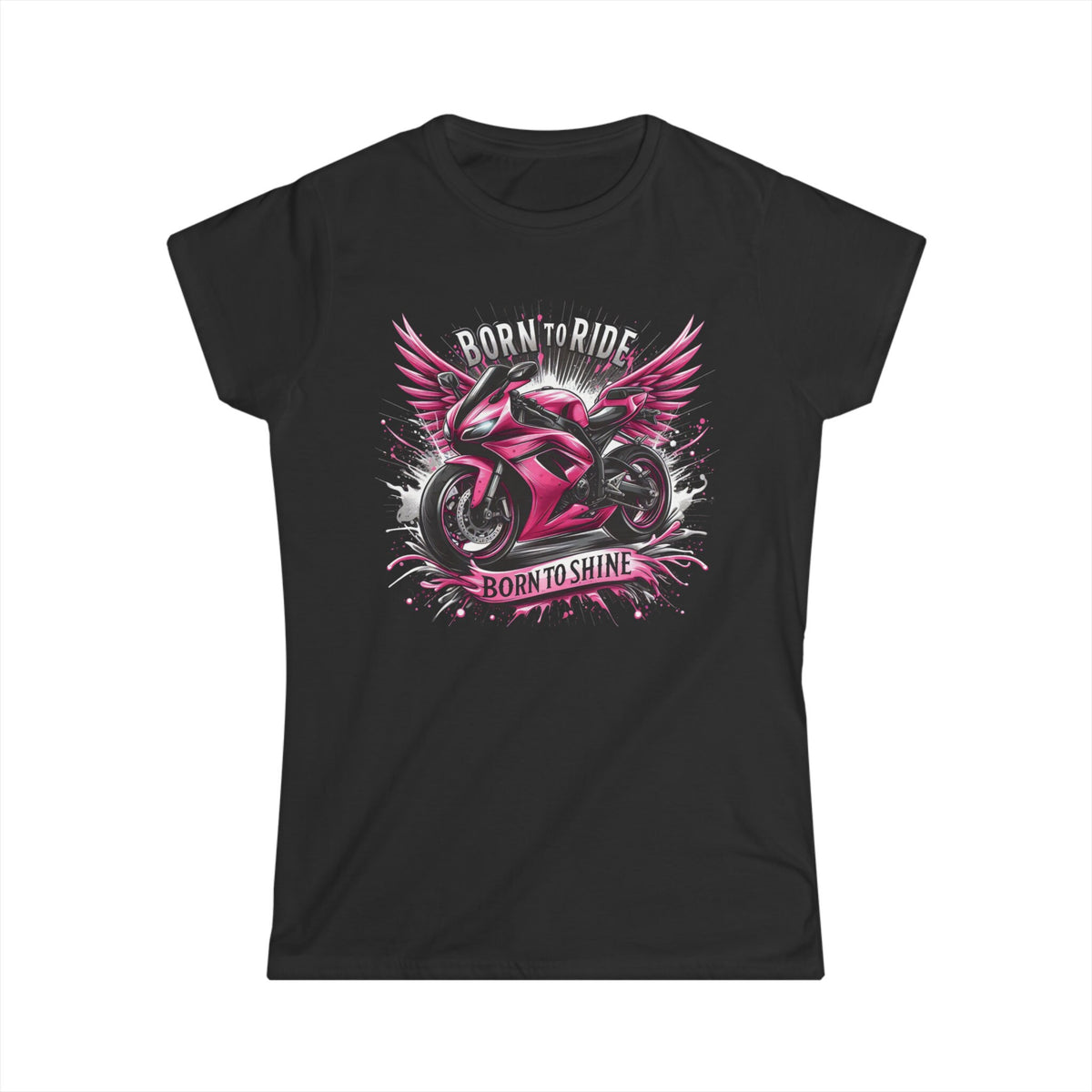A black t-shirt with a motorcycle that has a pink paint job. The motorcycle is coming out of a splash of silver and black background. Includes the text "Born to Ride, Born to Shine"