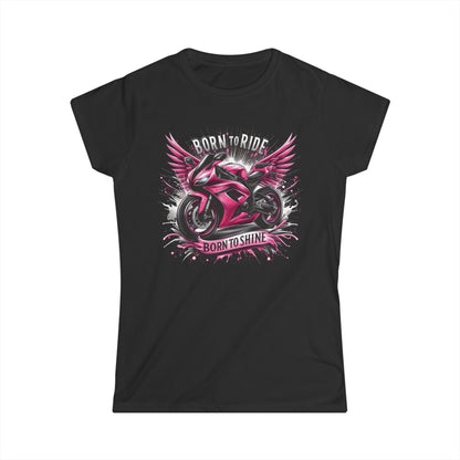 A black t-shirt with a motorcycle that has a pink paint job. The motorcycle is coming out of a splash of silver and black background. Includes the text "Born to Ride, Born to Shine"