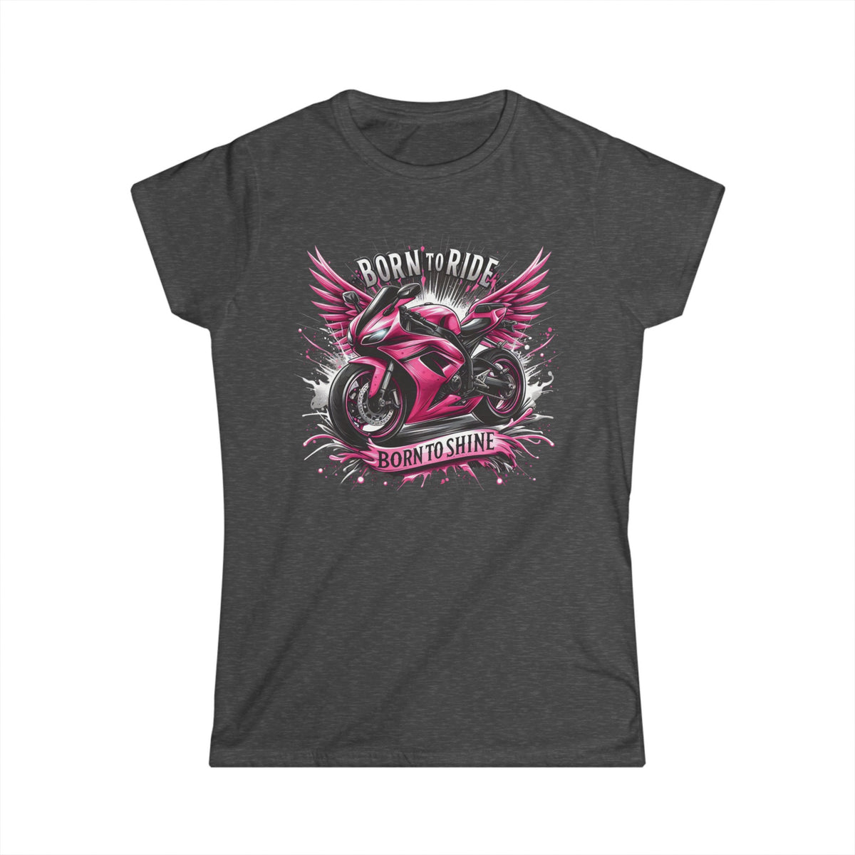 A gray t-shirt with a motorcycle that has a pink paint job. The motorcycle is coming out of a splash of silver and black background. Includes the text "Born to Ride, Born to Shine"