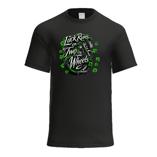 Luck Runs on Two Wheels | Chrome Neon Shamrock Biker St. Patrick's Day Shirt