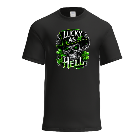 Lucky as Hell | Chrome Neon Shamrock Biker St. Patrick's Day Shirt