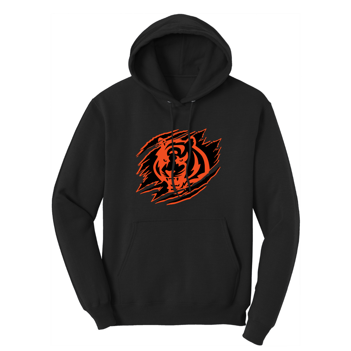 Black hoodie with orange tiger scratch graphic design outlined in orange on a white background