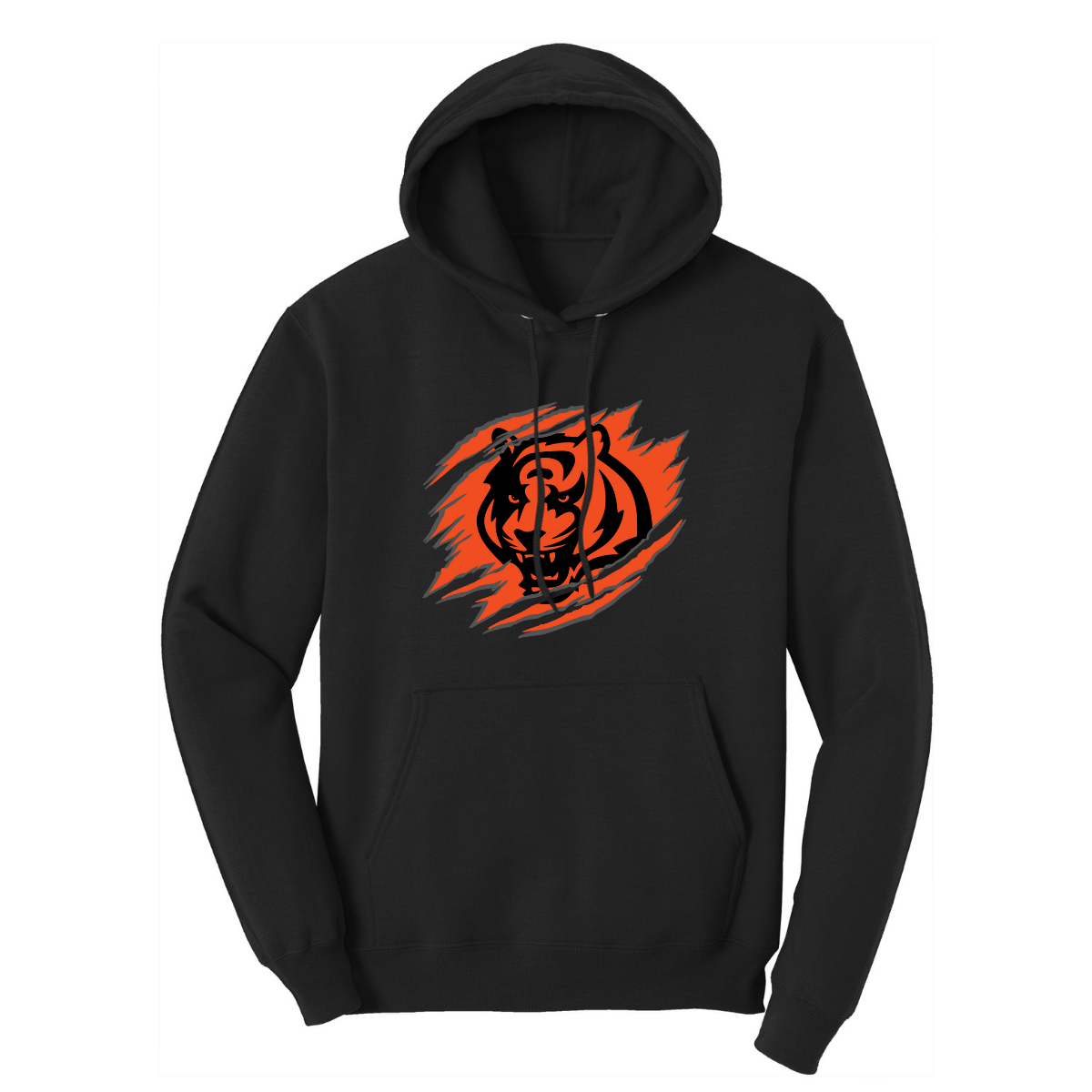 Black hoodie with orange and black tiger scratch graphic design outlined in dark gray on a white background