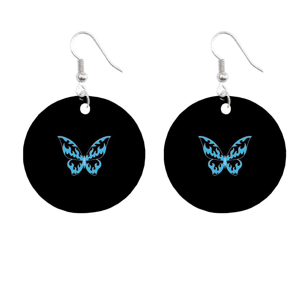 Black earrings with blue butterfly design on a white background for prostate cancer awareness