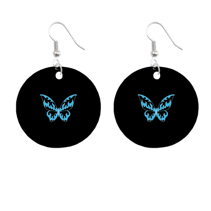 Black earrings with blue butterfly design on a white background for prostate cancer awareness