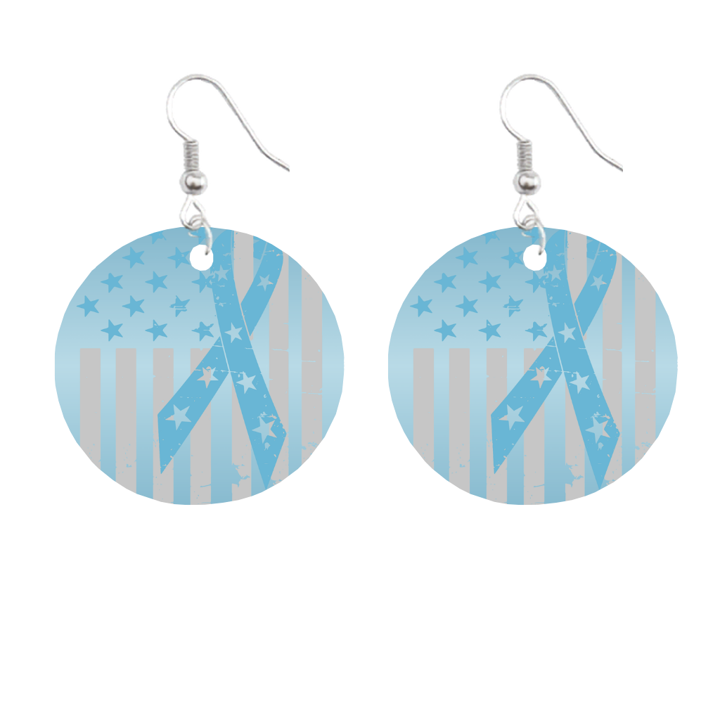 Pair of earrings with blue and gray striped design on a white background for prostate cancer awareness