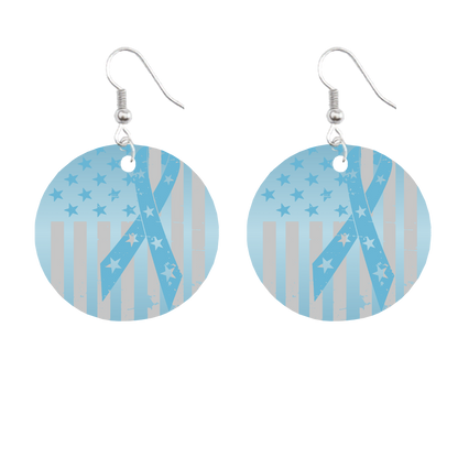 Pair of earrings with blue and gray striped design on a white background for prostate cancer awareness