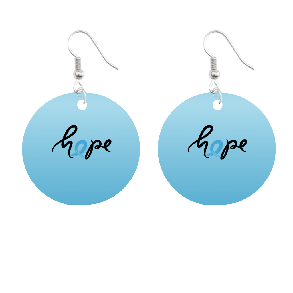 Blue round earrings with 'hope' text on a white background for prostate cancer awareness