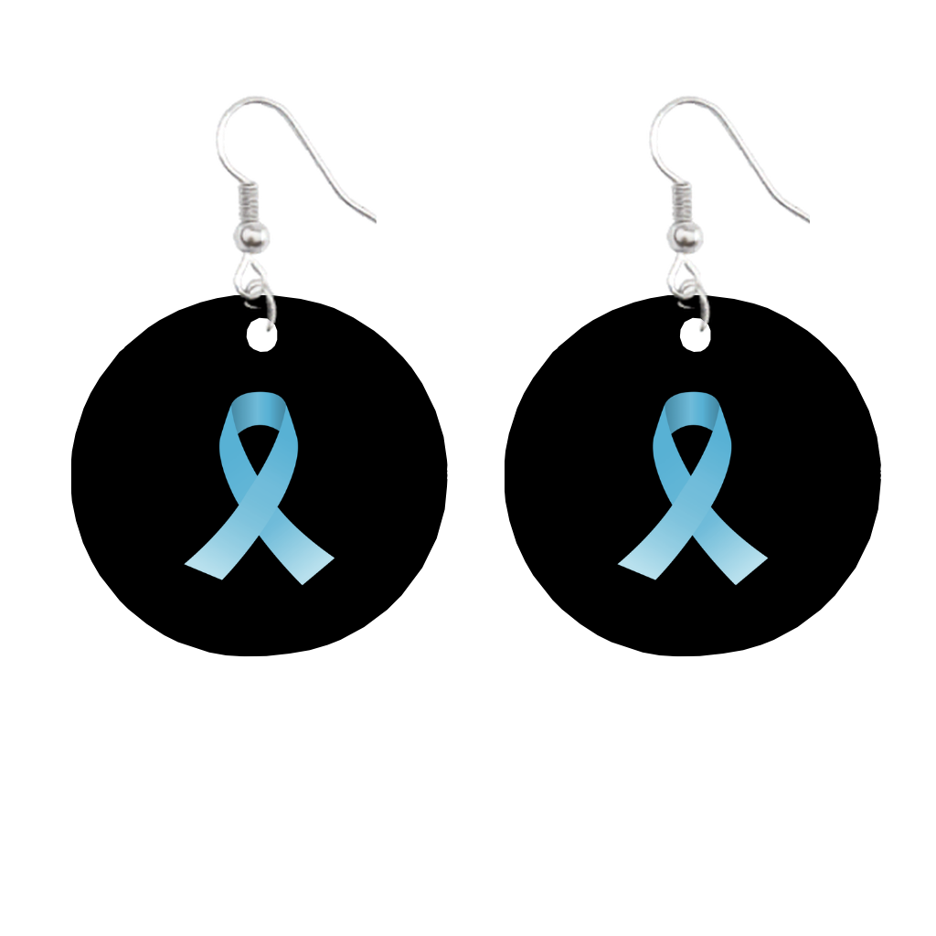 Earrings with blue ribbon design on black circular pendants against a white background for prostate cancer awareness