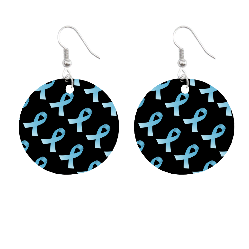 Earrings with blue ribbon pattern on black background for prostate cancer awareness