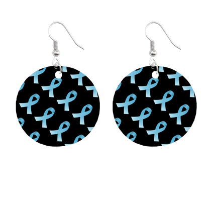 Earrings with blue ribbon pattern on black background for prostate cancer awareness