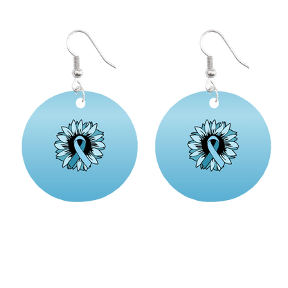 Blue circular earrings with a central black and blue ribbon design on a white background for prostate cancer awareness