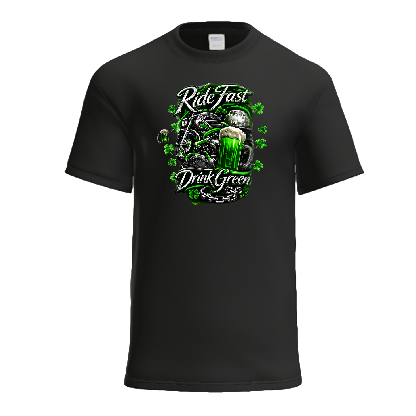 Ride Fast Drink Green | Chrome Neon Shamrock Biker St. Patrick's Day Shirt