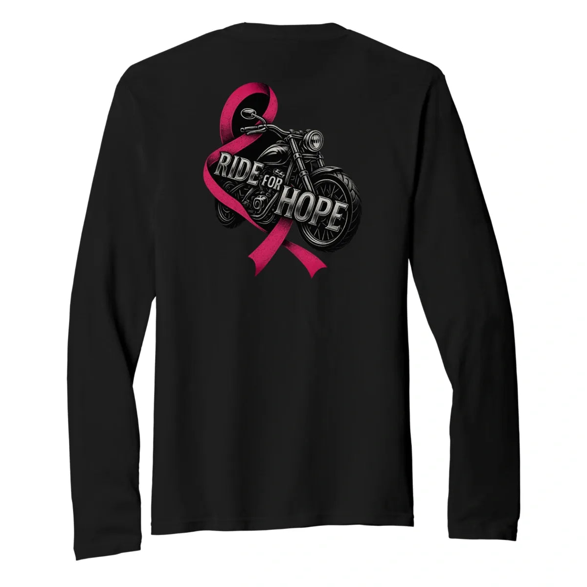 Black long-sleeve shirt with a pink ribbon and motorcycle graphic on the back with the text "Ride for Hope".