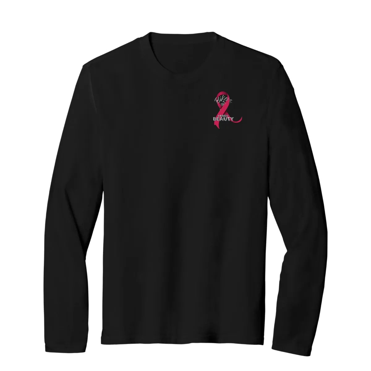 Black long-sleeve shirt with a pink ribbon wrapped around the Bikers and Beauty logo.
