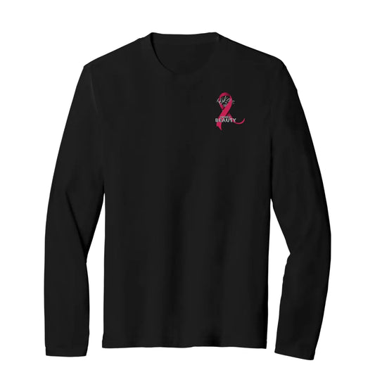 Black long-sleeve shirt with a pink ribbon wrapped around the Bikers and Beauty logo.