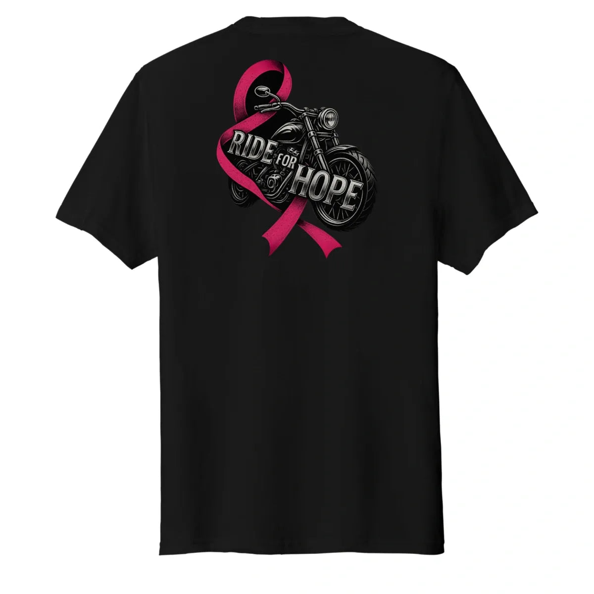 Black t-shirt with a pink ribbon and motorcycle graphic on the back with the text "Ride for Hope".