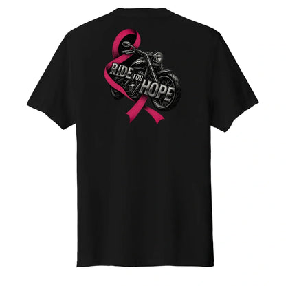 Black t-shirt with a pink ribbon and motorcycle graphic on the back with the text "Ride for Hope".