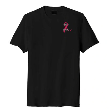 Black t-shirt with a pink ribbon and Bikers and Beauty logo on the chest.