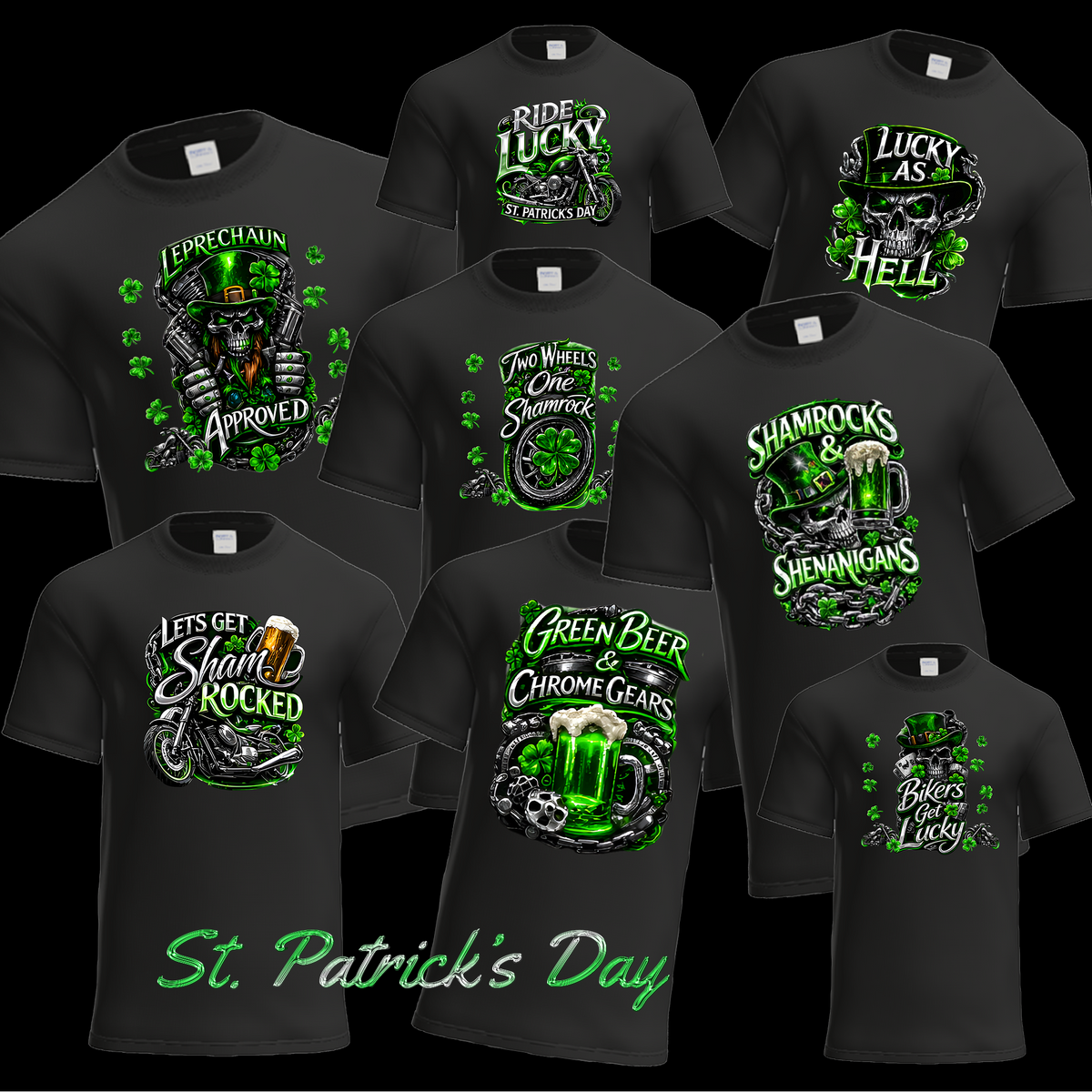 Collection of black t-shirts with green St. Patrick's Day-themed graphics on a black background.