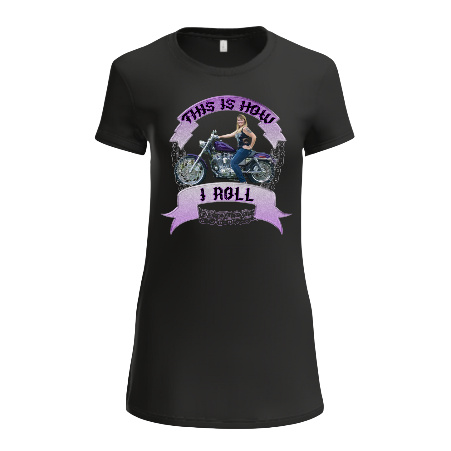 Black t-shirt with a graphic of a woman on a motorcycle and text 'This is how I roll' on a white background