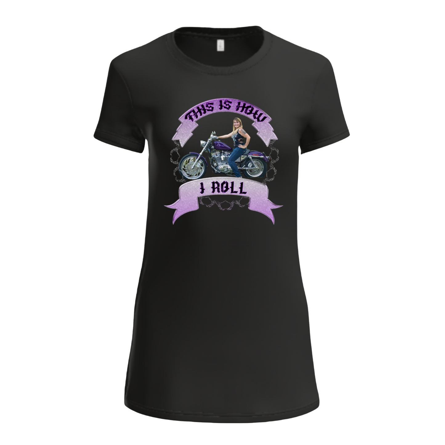 Black t-shirt with a graphic of a woman on a motorcycle and text 'This is how I roll' on a white background