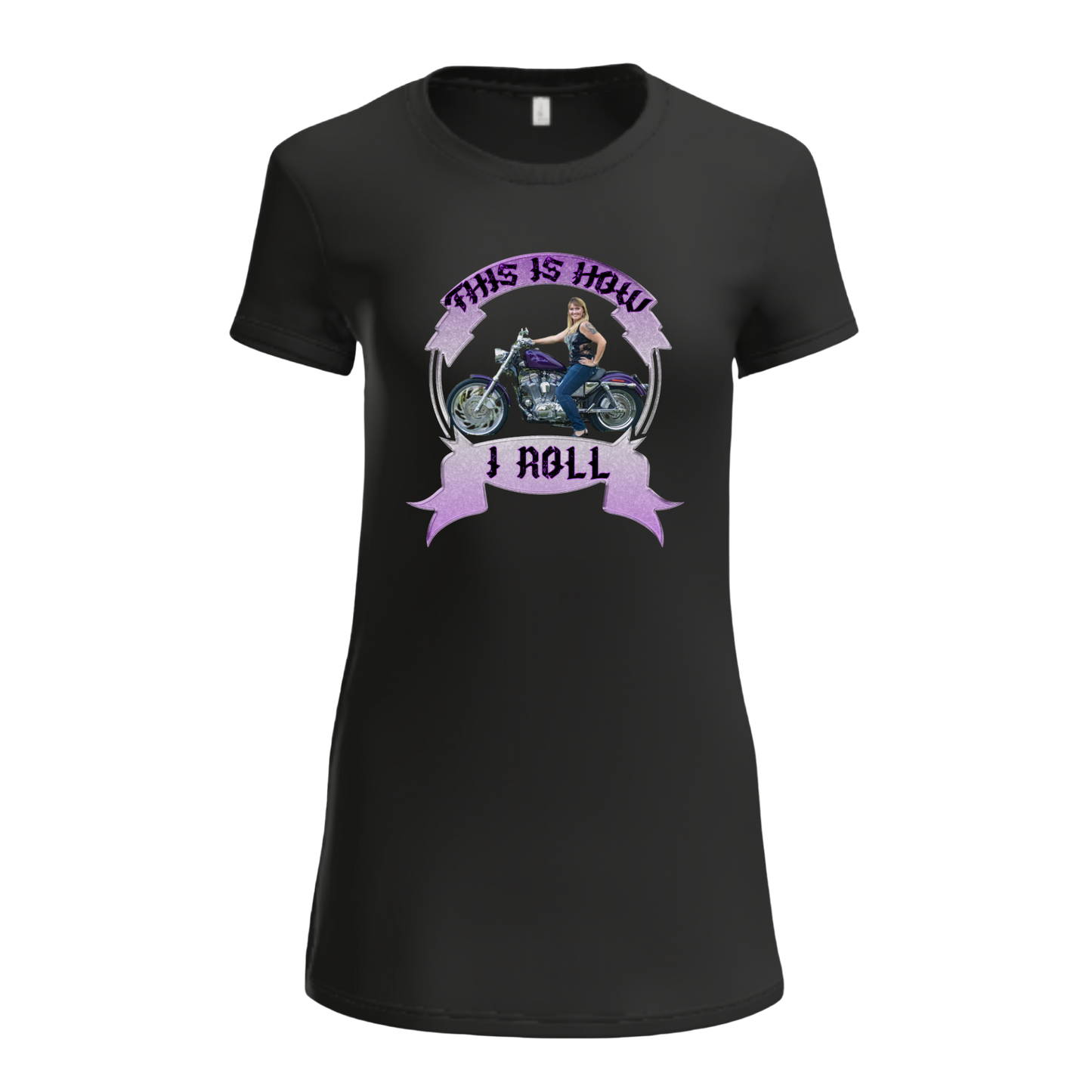 Black t-shirt with a graphic design of a woman on a motorcycle and text 'This is how I roll' on a white background.