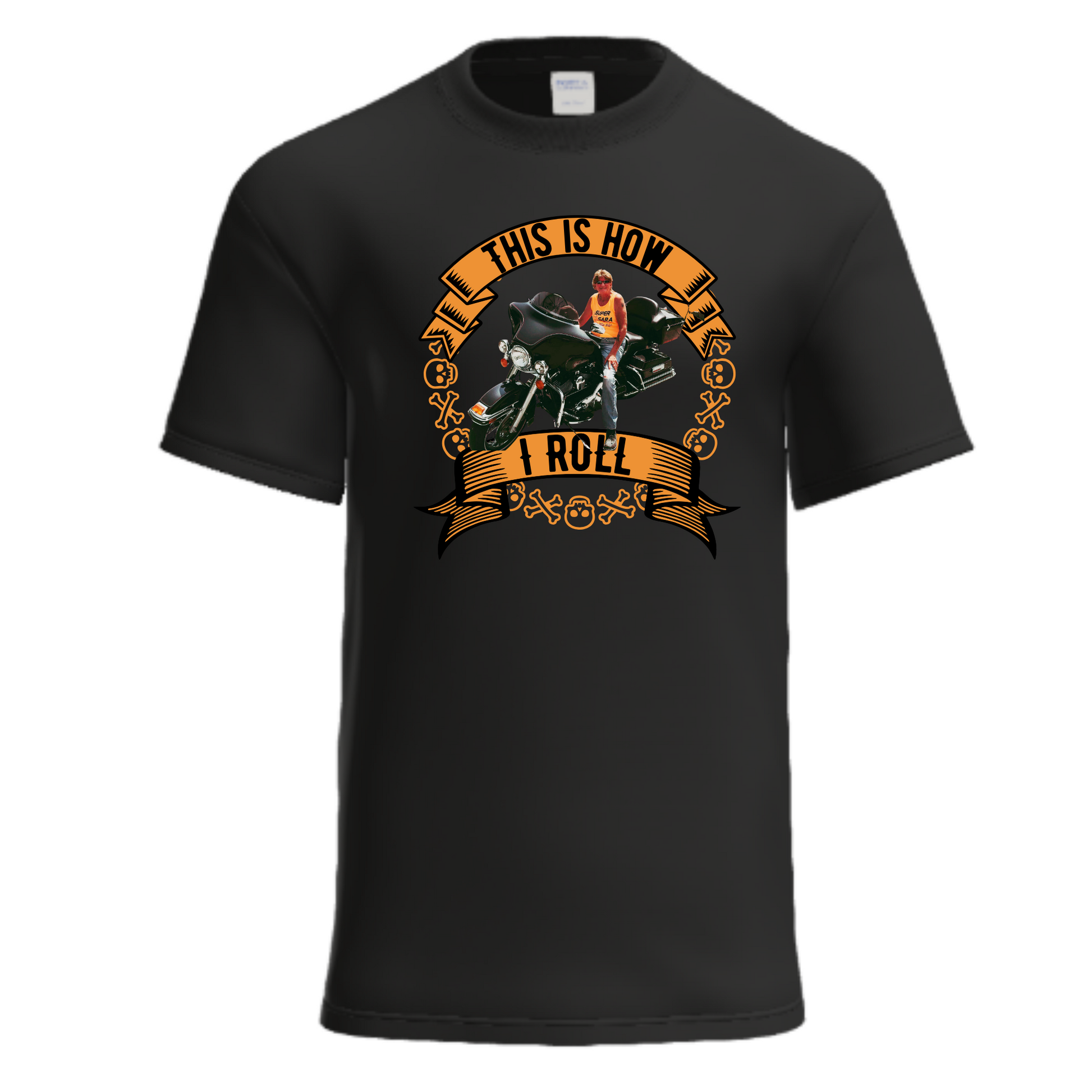 Black t-shirt with graphic design and text on a white background