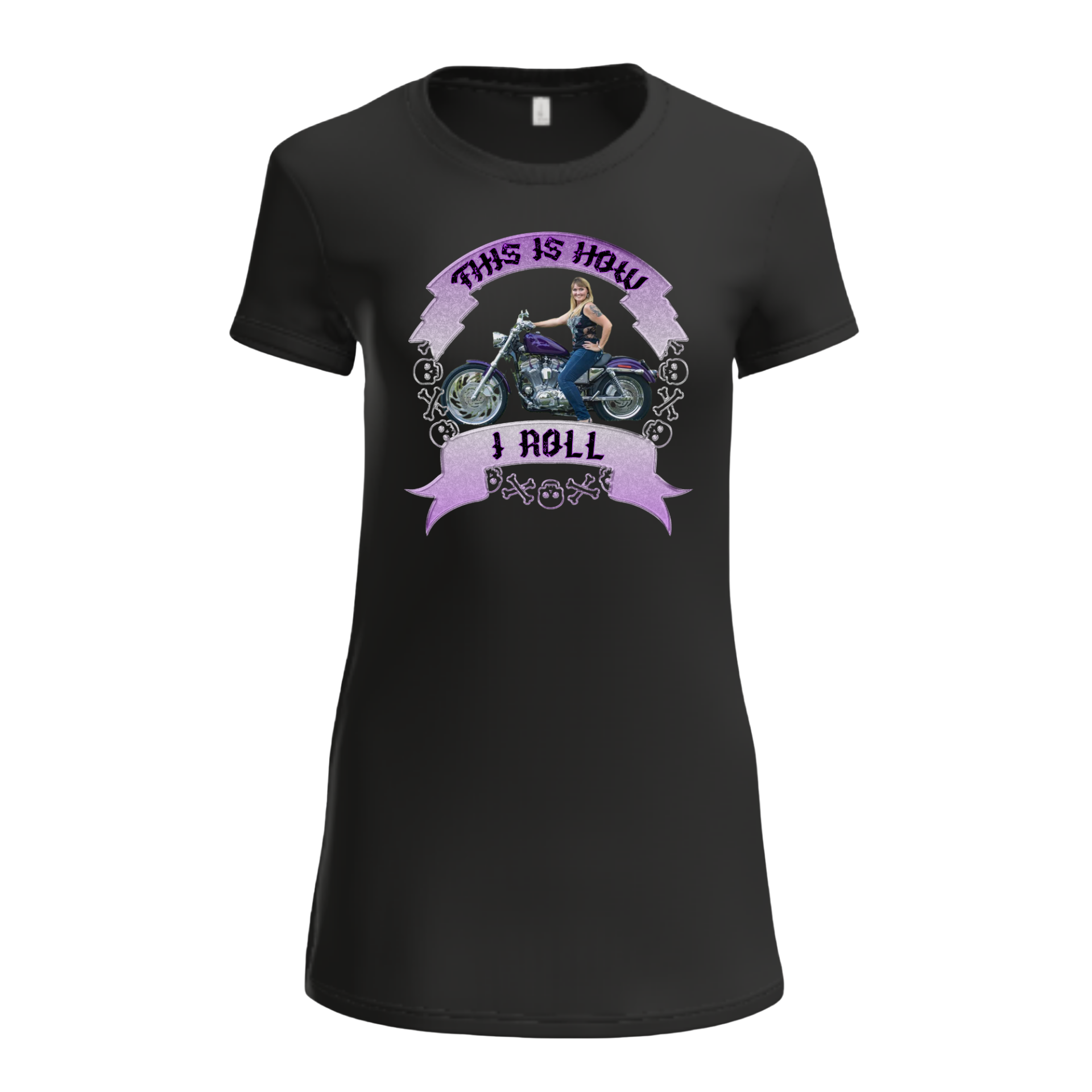 Black t-shirt with a graphic of a woman on a motorcycle and text 'This is how I roll' on a white background