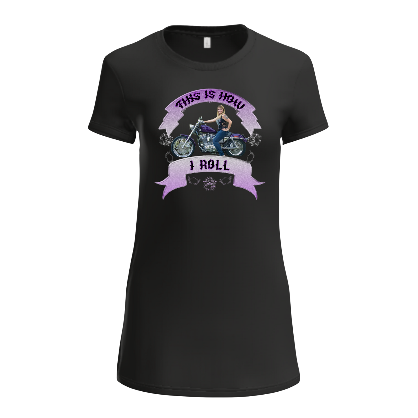 Black t-shirt with a graphic of a woman on a motorcycle and text 'This is how I roll' on a white background