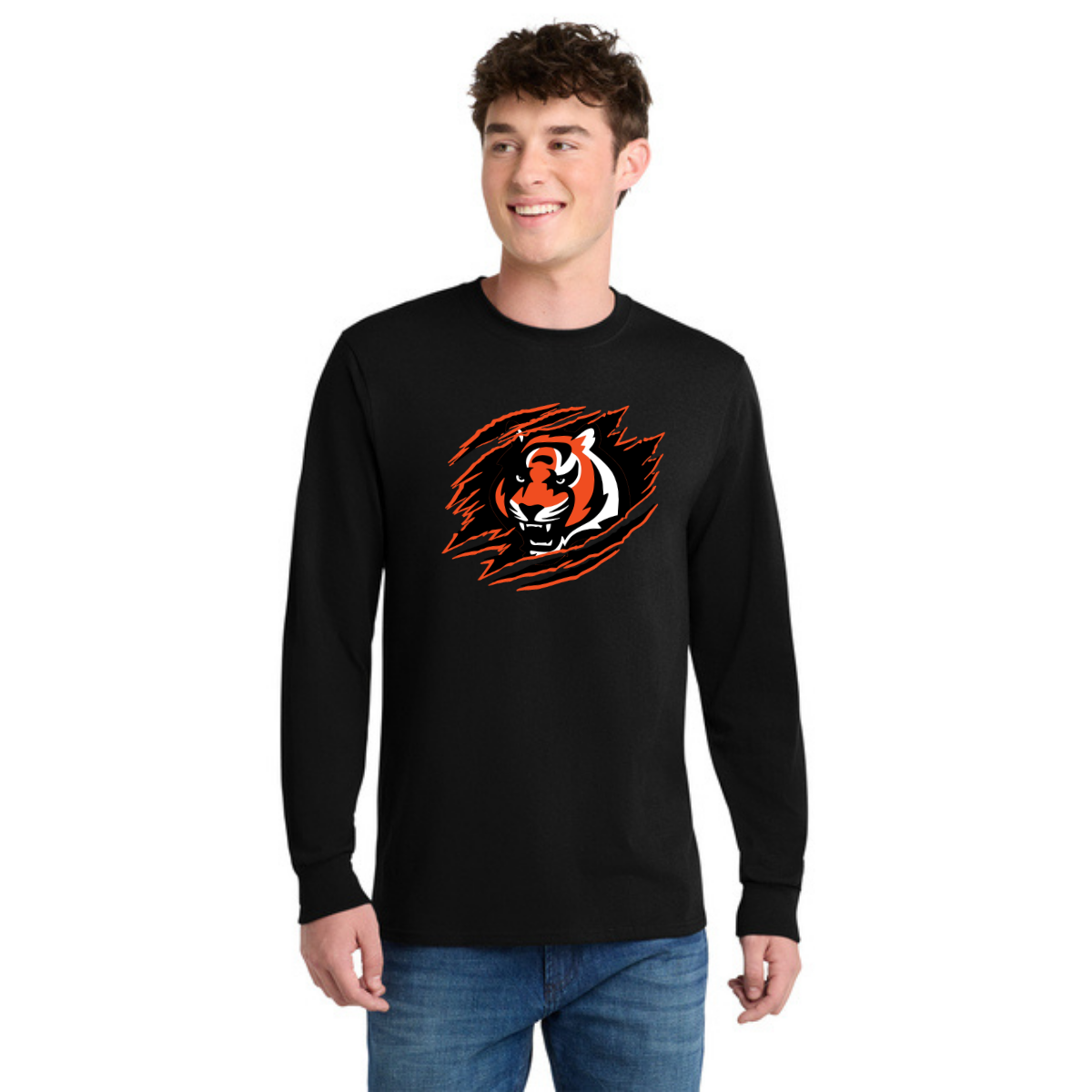 Person wearing a black long-sleeve shirt with a orange, black, and white tiger graphic design on a black background with orange outlines.